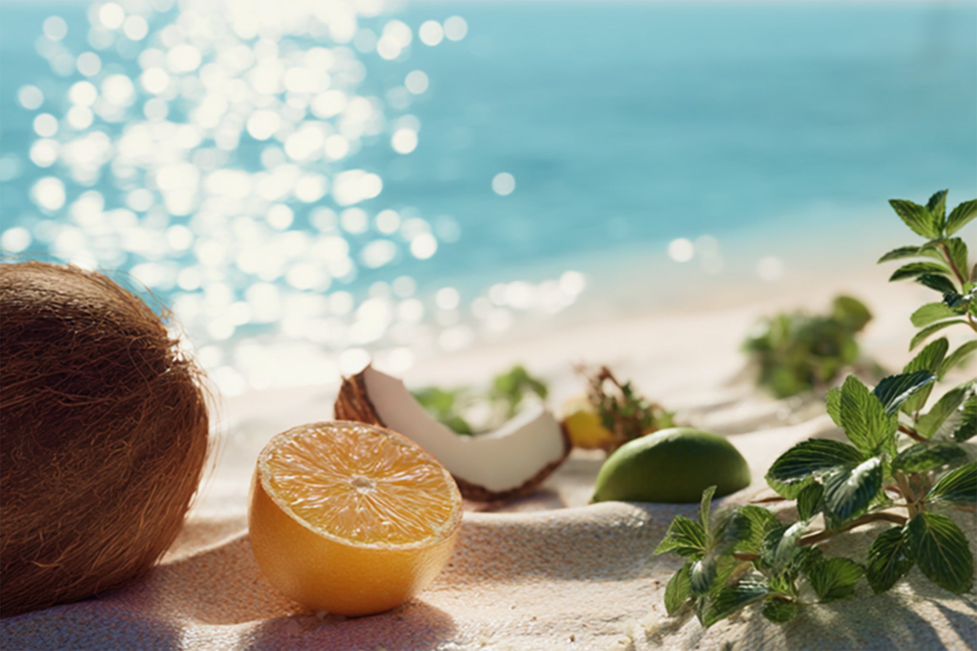 Lora Maldives ingredients flatlay — coconut, bergamot, citrus elements with product, warm and exotic resort atmosphere