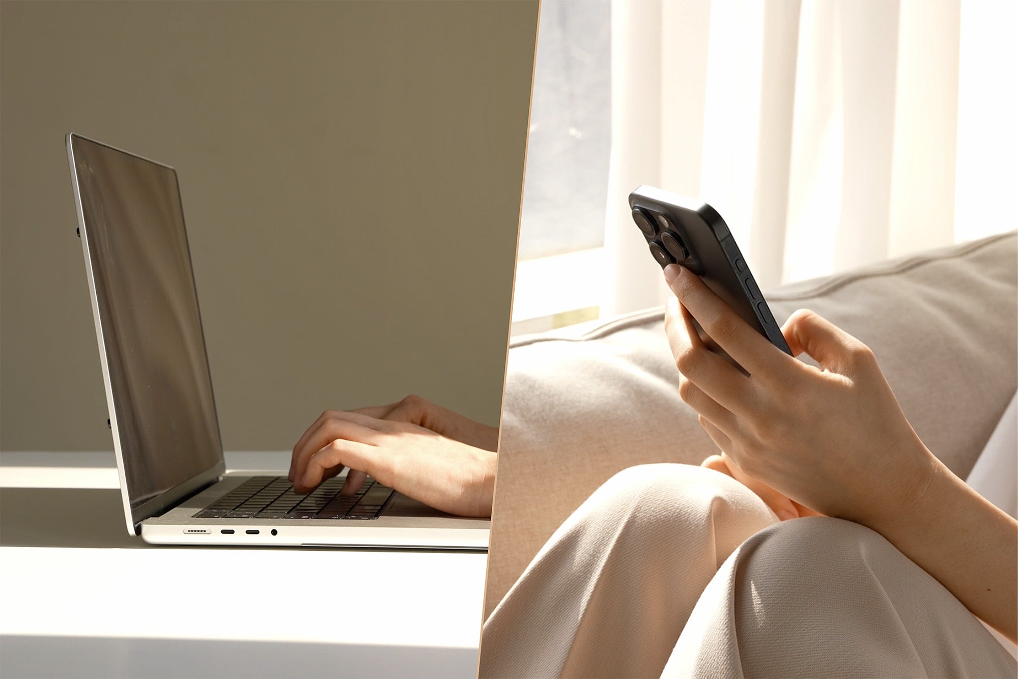 Laptop and smartphone side by side — screens dominating everyday life, warm natural light