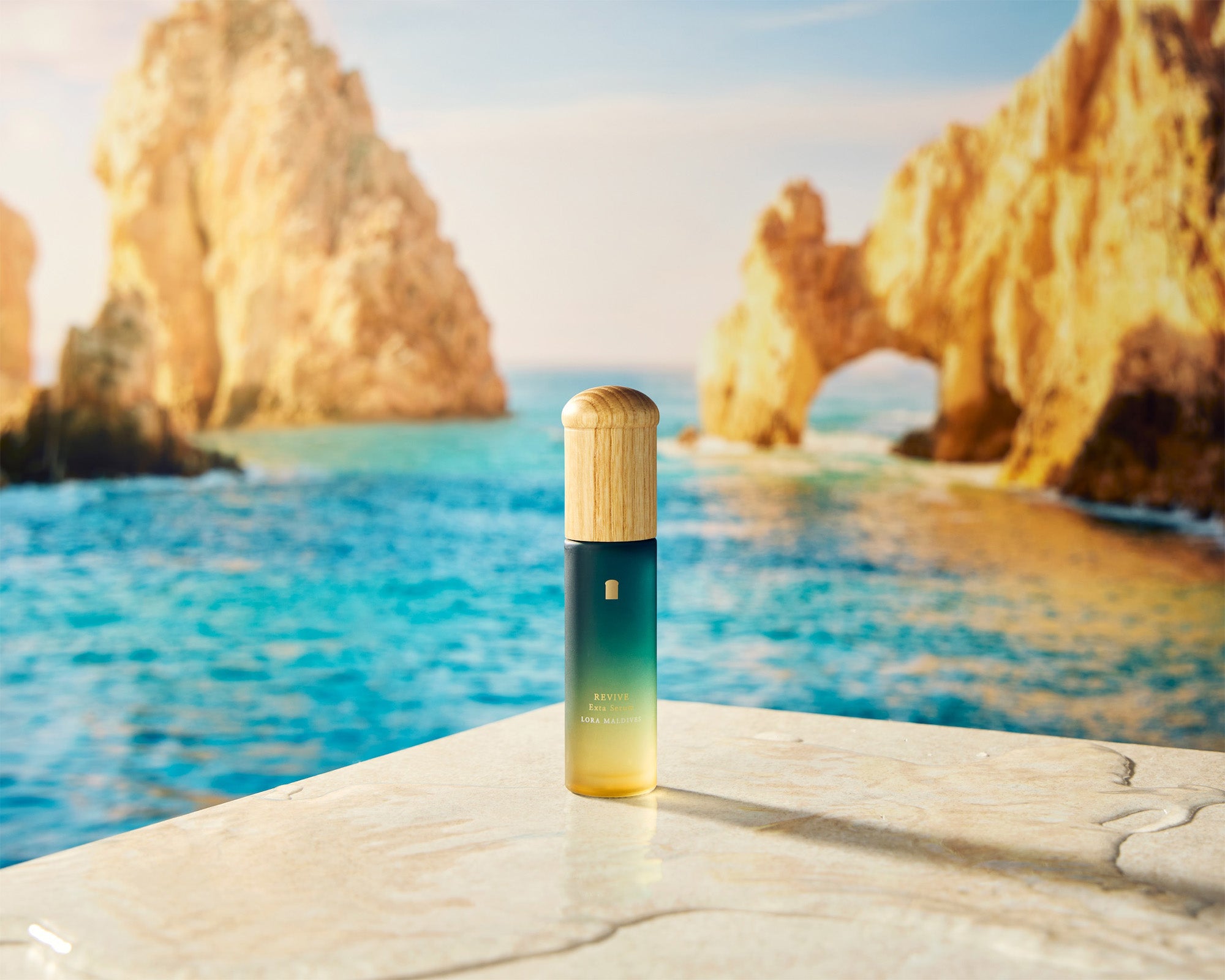 Resort lifestyle closing shot — warm, relaxed, evocative Maldives or getaway atmosphere with product