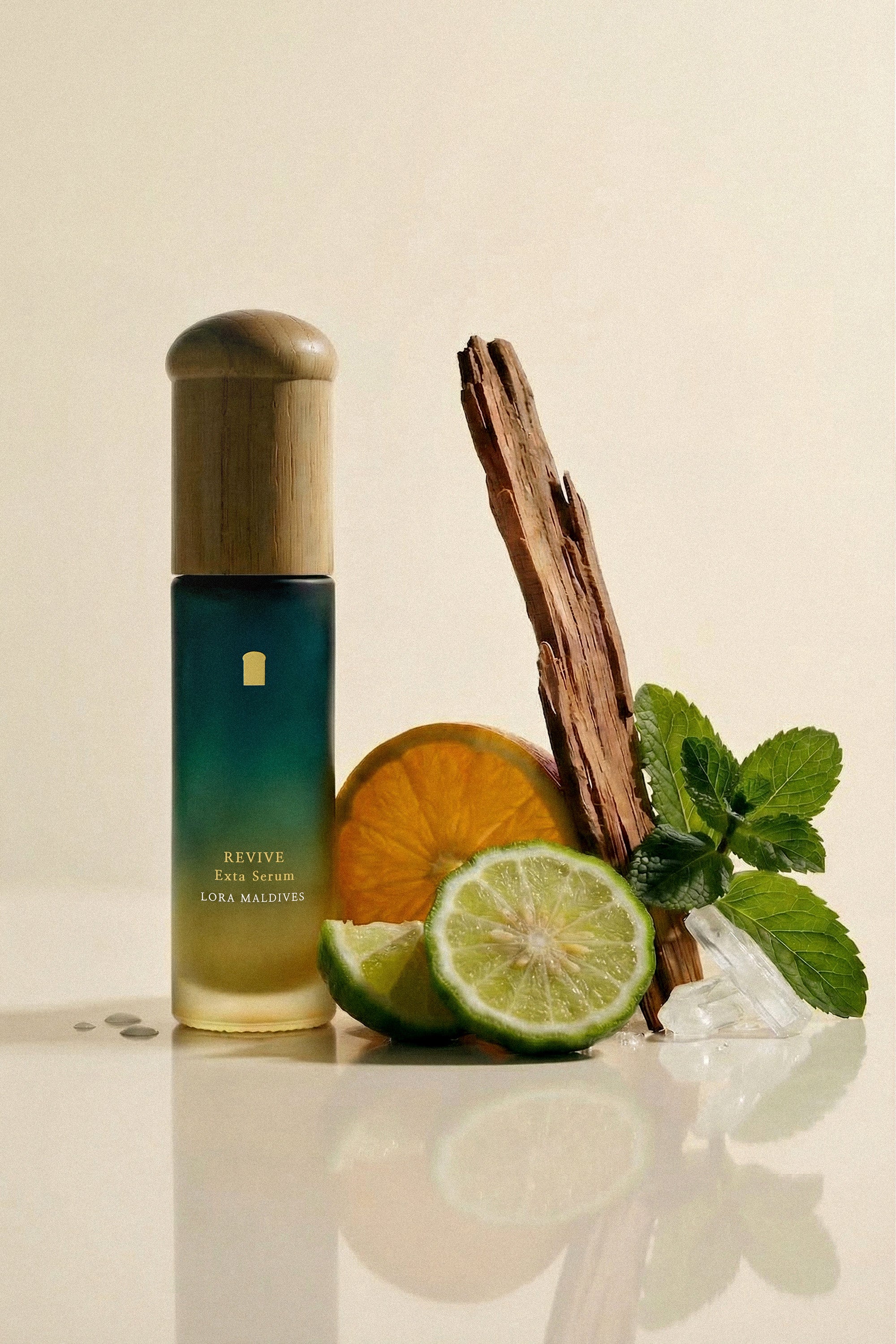 Lora Maldives scent flatlay — Cornmint, Wintergreen, Bergamot, Sweet Orange, Cedarwood, Coconut, Vanilla ingredients with product, warm resort atmosphere