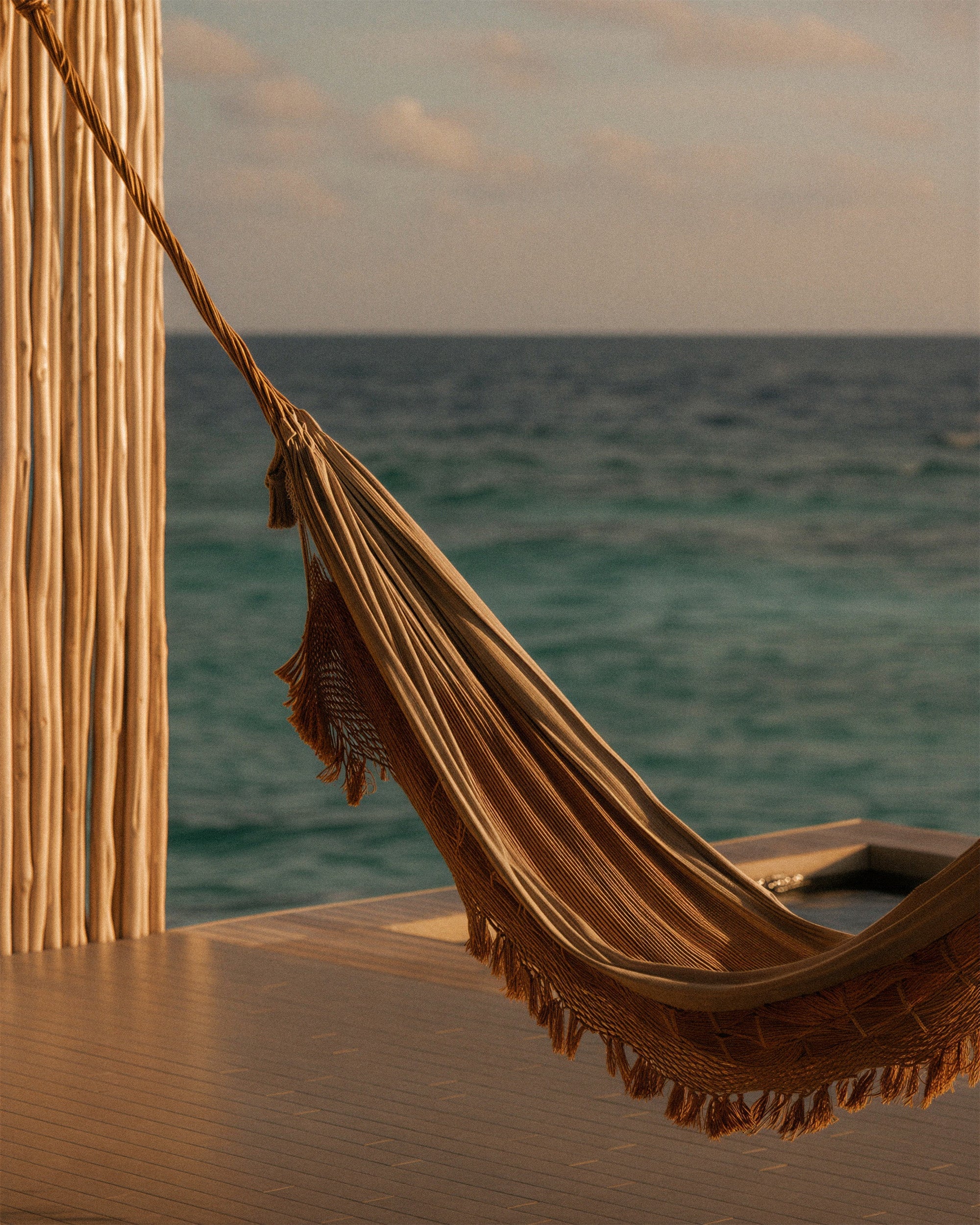 Relaxed expression — eyes closed, neck released, or emerald Maldives beach resort atmosphere shot